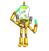 a cartoon drawing of a robot with a green container on top