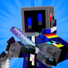 a minecraft character holding a sword and wearing a suit with a blue background