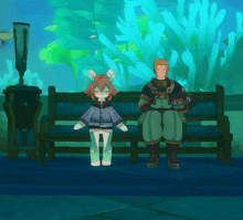 a boy and a girl are sitting on a bench in a video game