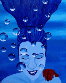 a painting of a woman with blue hair and bubbles in her hair