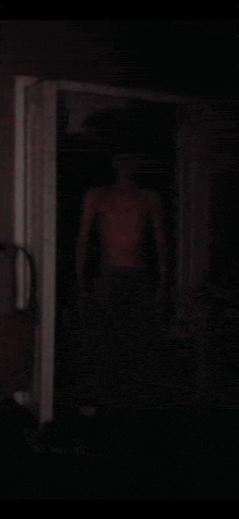 a man without a shirt is standing in a doorway in the dark .