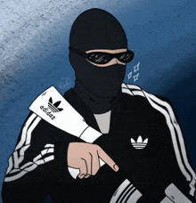 a drawing of a man wearing a mask and holding a gun with the word adidas on it