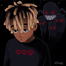 a drawing of a boy with dreadlocks and a black shirt that says hearts on it