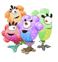 a group of colorful monsters are standing together