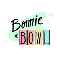a logo for bonnie bowl with a green swirl in the background
