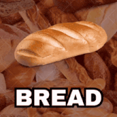a loaf of bread sits on top of a pile of bread with the word bread written below it