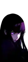 a close up of a girl with purple eyes and black hair