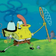 a cartoon of spongebob holding a butterfly net