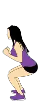 a woman in a purple tank top and shorts squatting down