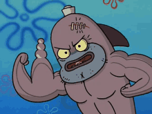 a cartoon character from spongebob squarepants is flexing his muscles in the ocean .