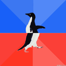 a black and white penguin on a red and blue background with memeful.com at the bottom