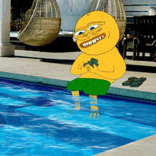 a cartoon character is sitting in a swimming pool holding money