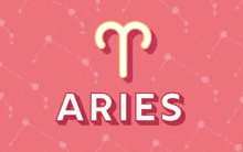 a pink background with a yellow ram symbol and the word aries .