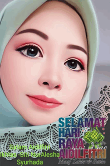 a picture of a woman wearing a hijab with selamat hari raya aidilfitri written on it