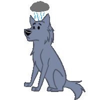 a cartoon drawing of a wolf with a cloud over his head