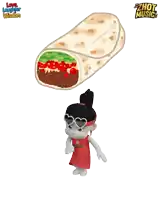 a cartoon of a girl standing next to a burrito that says love laughter wisdom on the bottom