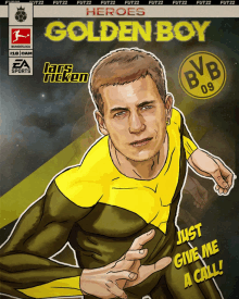 a comic book cover for golden boy shows a man in a yellow and green superhero costume