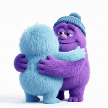 a blue and purple furry monster hugging each other with a disney studio logo in the corner