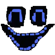 a pixel art drawing of a smiley face with a black mouth and blue teeth .