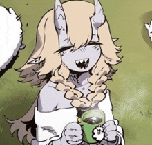 a cartoon girl with horns is holding a cup of coffee .