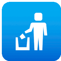 a blue icon with a white silhouette of a person throwing something in a trash can