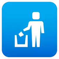 a blue icon with a white silhouette of a person throwing something in a trash can