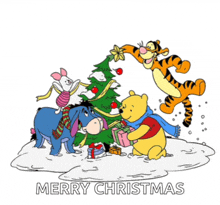 a cartoon of winnie the pooh piglet eeyore and tigger decorating a christmas tree .