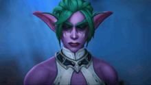 a purple elf with green hair and a white collar has her eyes closed