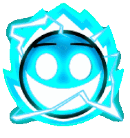 a blue and white smiley face with lightning coming out of it