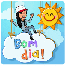 a cartoon of a woman sitting on a cloud with the words bom dia written on it