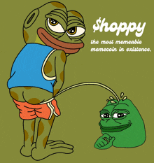 a cartoon of a frog urinating on another frog with the word shoppy on the bottom