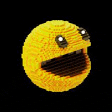 pac man is made out of lego bricks and has a black mouth .