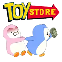 two penguins are standing next to each other under a toy store sign