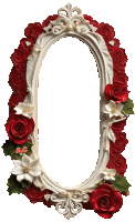 a white oval frame with red roses and white flowers surrounding it