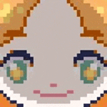 a pixel art of a cat 's face with green eyes and a smile .