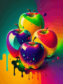 a colorful painting of three apples with paint dripping off them