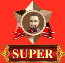 a man with a beard is standing in front of a shield with the word super written on it .