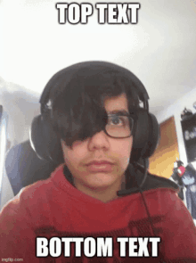 a young man wearing headphones and glasses with the caption top text