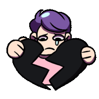 a cartoon character with purple hair is holding a broken heart in his hands