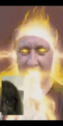 a painting of a man with fire coming out of his eyes