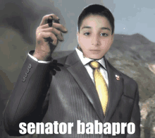 a young boy in a suit and tie is holding a cigar and the caption senator babapro