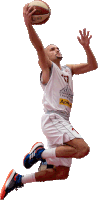 a basketball player is jumping in the air with a wilson basketball in his hands