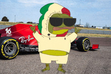 a cartoon frog wearing sunglasses stands in front of a red ray-ban racing car