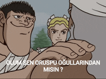 a cartoon of a man and a maid with the caption " clum sen oruspu ogullarindan misen "