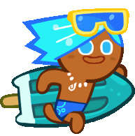 a gingerbread cookie with blue hair and sunglasses is riding a blue surfboard .