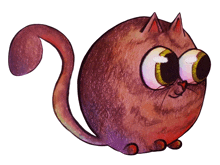 a cartoon drawing of a cat with big yellow eyes