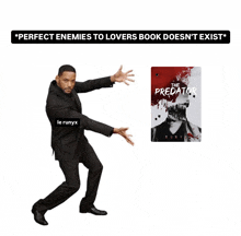 a man in a suit is standing next to a predator book