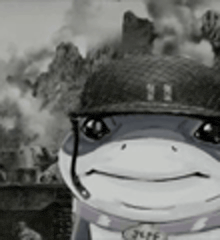 a black and white photo of a frog wearing a military helmet .