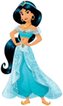 a cartoon princess in a blue dress with her hands on her hips .