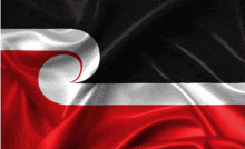 a red white and black flag with a white swirl on it